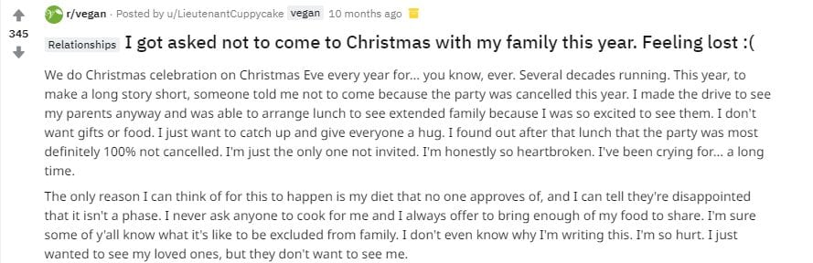 A vegan was excluded from their family Christmas celebration for not eating meat, and the story is heartbreaking