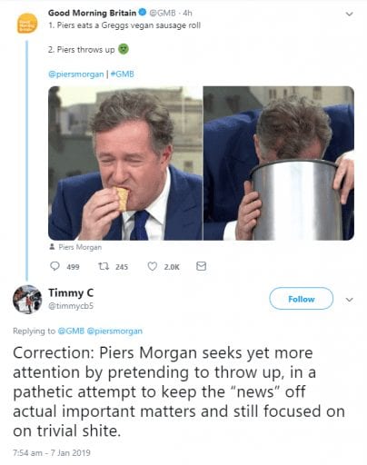 Piers Morgan mocked after eating vegan sausage roll and ‘pretending to throw up’