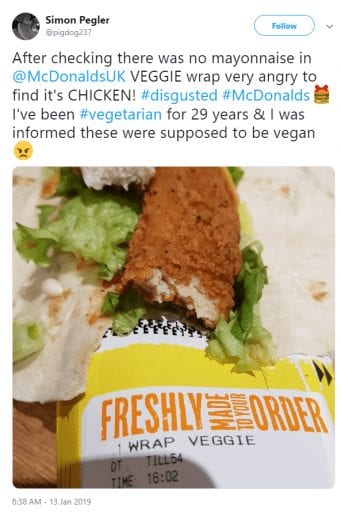 Vegans Left Disgusted As McDonald’s Repeatedly Serves Chicken In Its Veggie Wrap