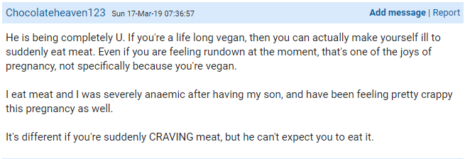 A pregnant vegan’s husband said she should eat meat to keep the baby healthy, and reaction is mixed3