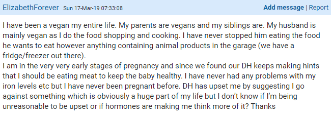 A pregnant vegan’s husband said she should eat meat to keep the baby healthy, and reaction is mixed