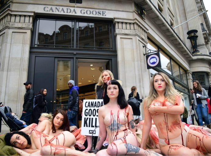 Naked and bloody protesters demand end to Canada Goose fur range