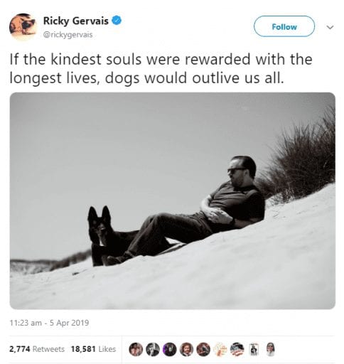 Ricky Gervais keeps sharing powerful messages promoting compassion for  animals | Totally Vegan Buzz