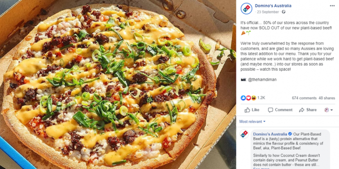 Dominos immediately sells out of vegan beef after launch in Australia