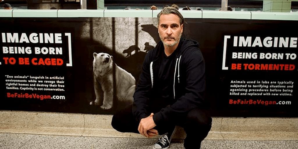 Joaquin Phoenix takes part in vegan protest on his way to winning award at Toronto Film Festival