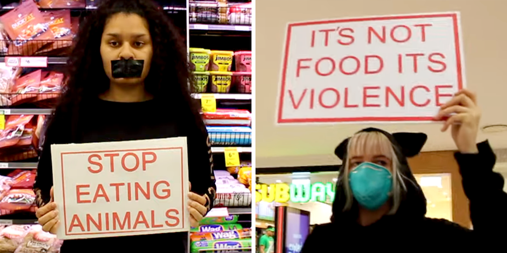 WATCH Angry meat eaters tell peaceful vegan protesters 'you disgust me' as they block meat section