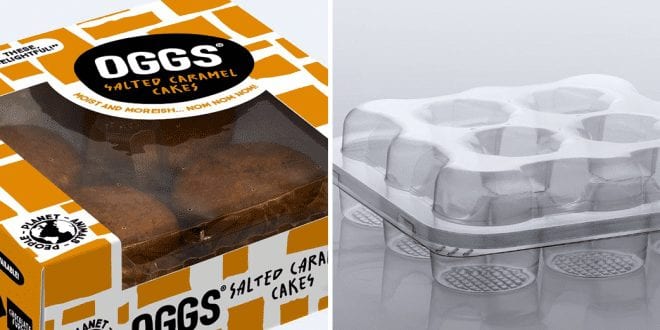 Bakery group Oggs teams up with Macpac for eco-friendly food trays, picture of oggs cakes and recyclable tray