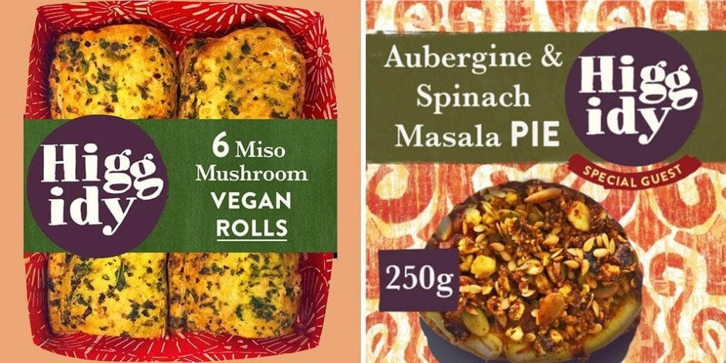 Pie company Higgidy to launch its first vegan roll. Two mushroom miso rolls in a packet by Higgidy, next to their new aubergine & spinach masala pie.