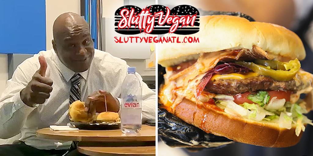 Shaquille O’Neal devours two vegan burgers at Atlanta’s Slutty Vegan