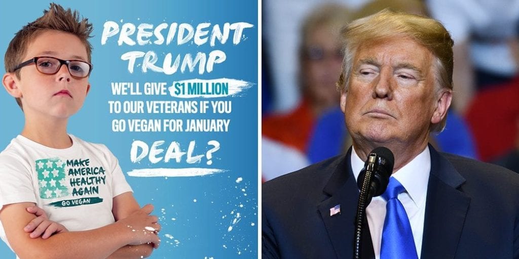 Trump to secure a $1 million donation for veterans, if he goes vegan. Photo of Evan from the campaign by Million Dollar Vegan and a photo of Donald Trump
