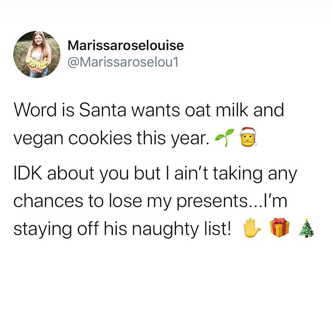 Word is Santa wants oat milk and vegan cookies this year