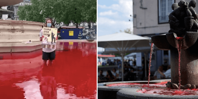 Trafalgar Square fountains turned blood red by vegan activists