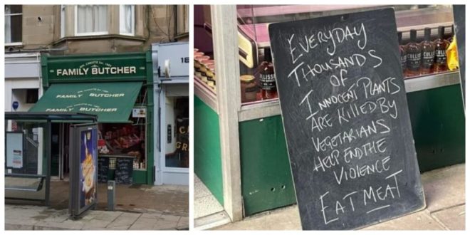Butcher puts up ‘nonsense’ sign which calls to end ‘violence against innocent plants’ in a bid to stem plant-based popularity